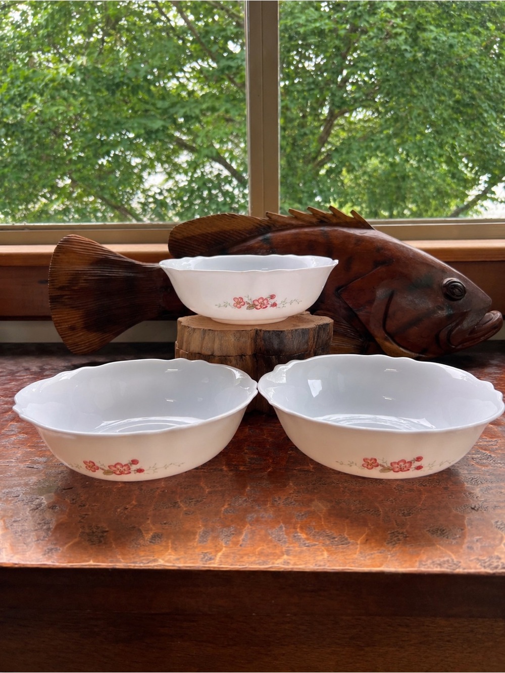 VTG 3 Arcopal France Milk Glass Bowls Florentine Pattern Pink Cherry Blossoms